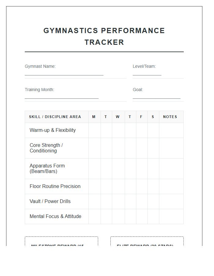 Gymnastics Performance Training Rewards Printable Chart