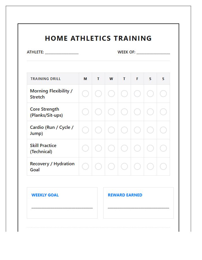 Home Athletics Training Rewards Printable Chart