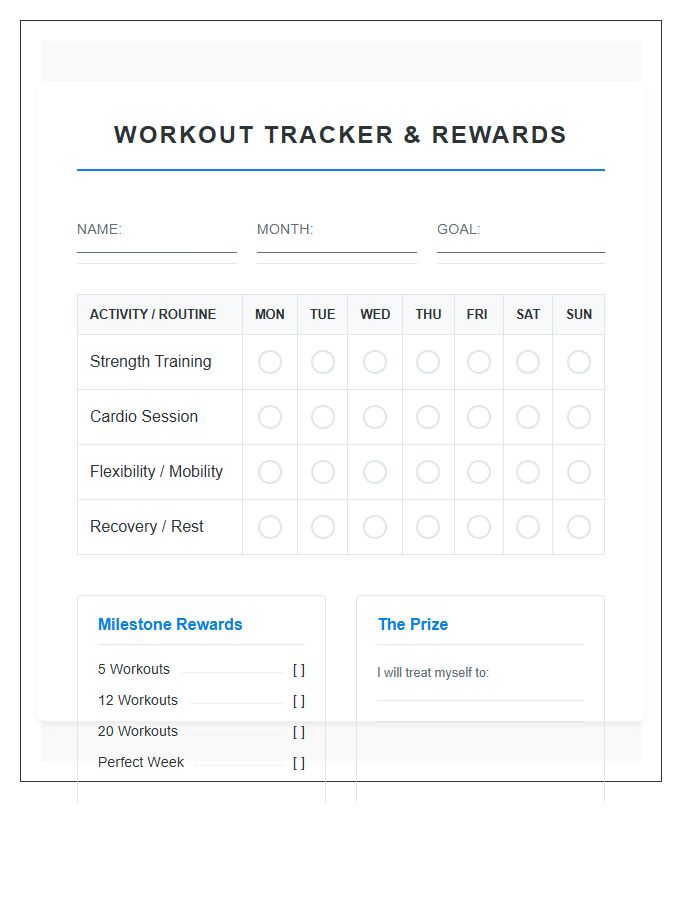 Individual Workout Routine Training Rewards Printable Chart
