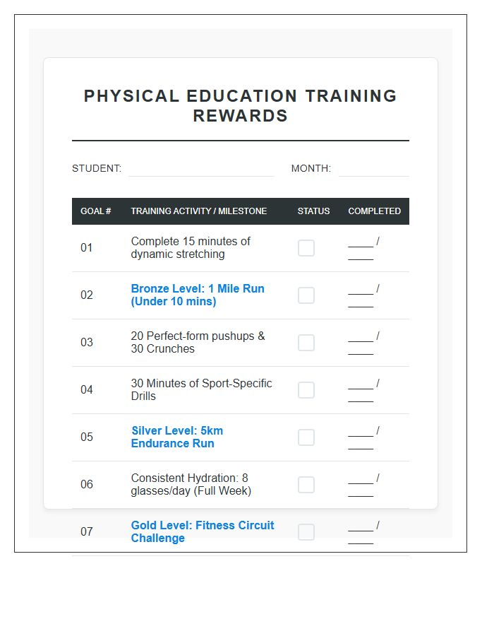 Physical Education Training Rewards Printable Chart