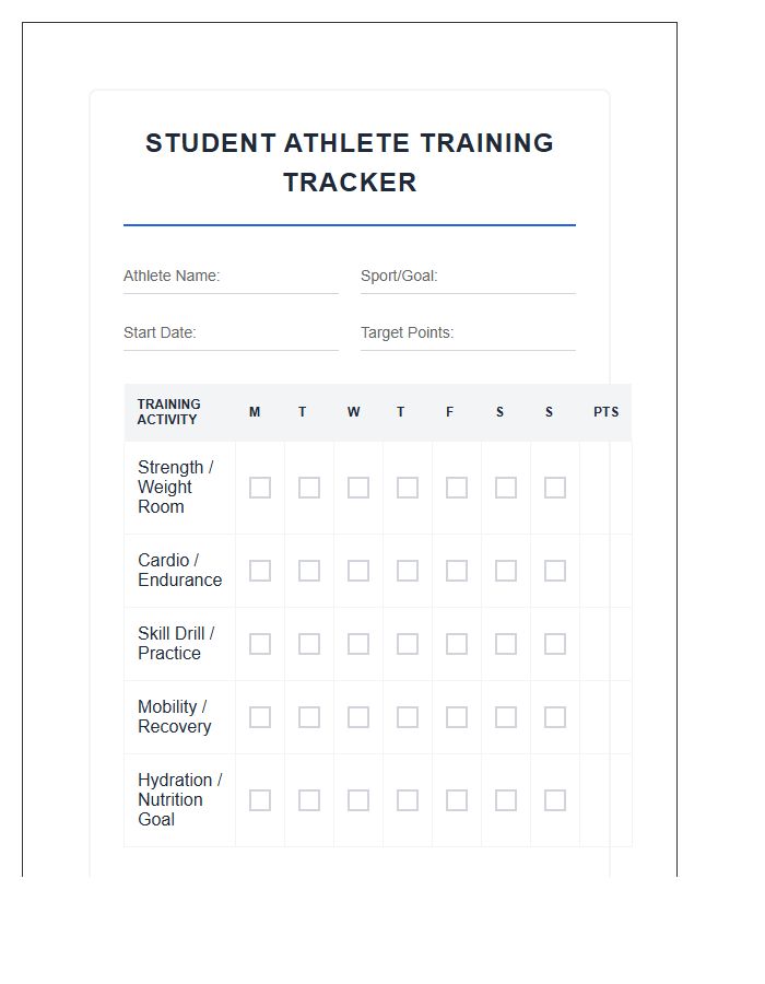 Student Athlete Training Rewards Printable Chart
