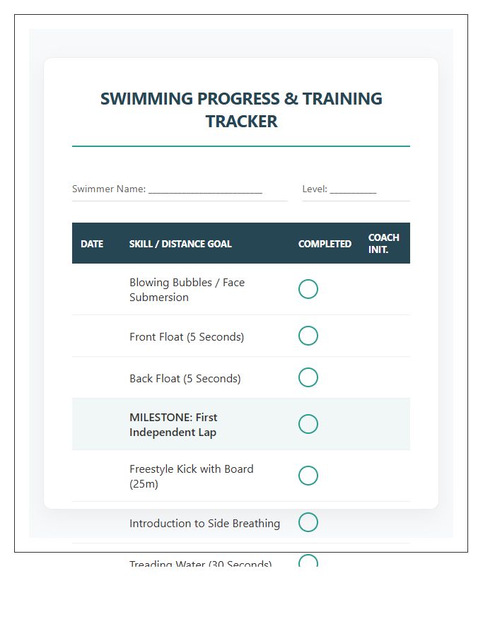 Swimming Progress Training Rewards Printable Chart