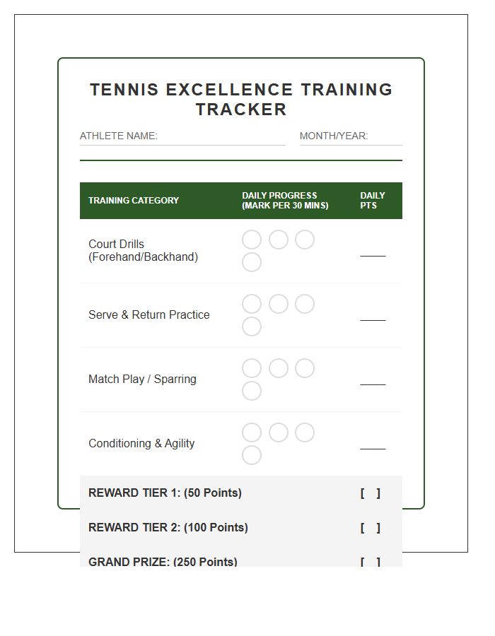 Tennis Athlete Training Rewards Printable Chart