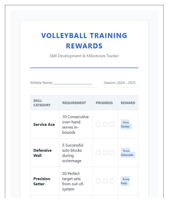 Volleyball Team Training Rewards Printable Chart