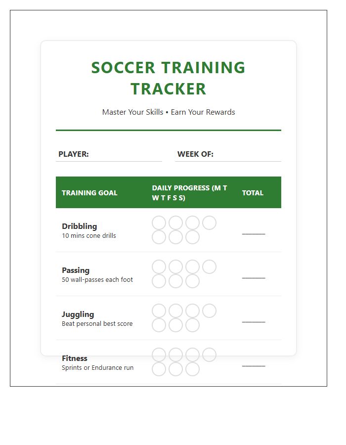 Youth Soccer Sport Training Rewards Printable Chart