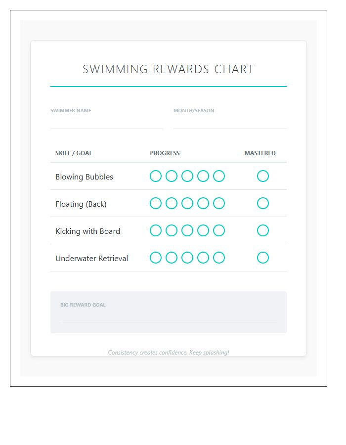 At Home Swimming Rewards Printable Chart