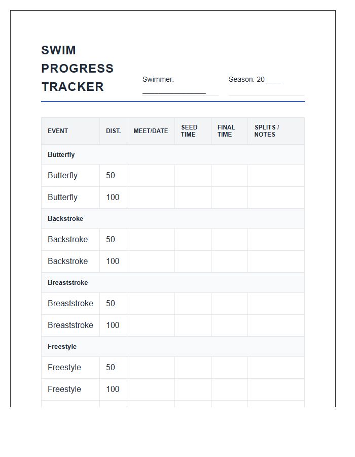 Competitive Swimming Progress Printable Chart