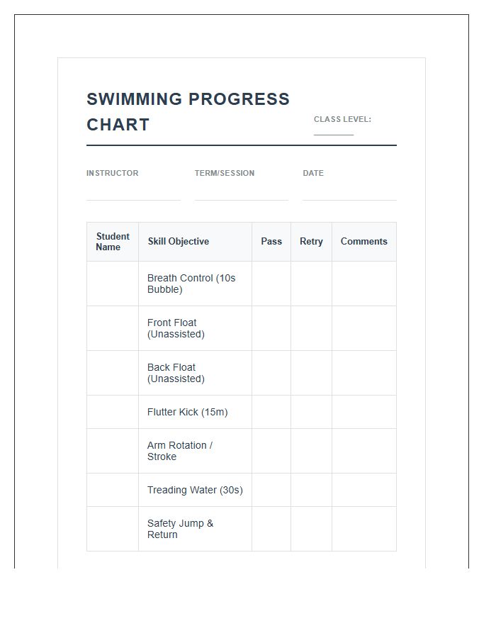 Group Swimming Class Printable Chart