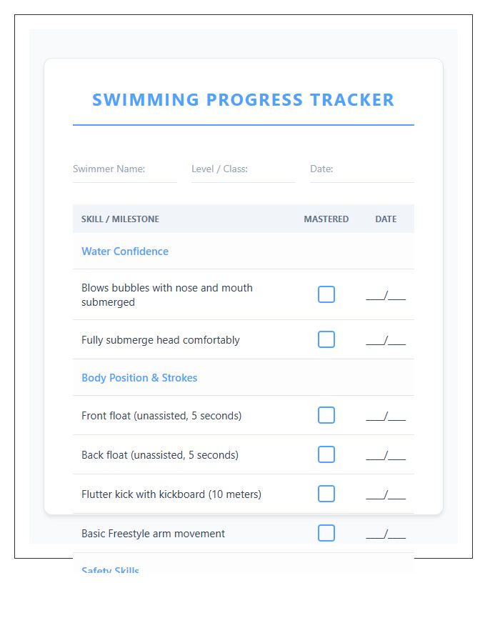 Kids Swimming Progress Printable Chart