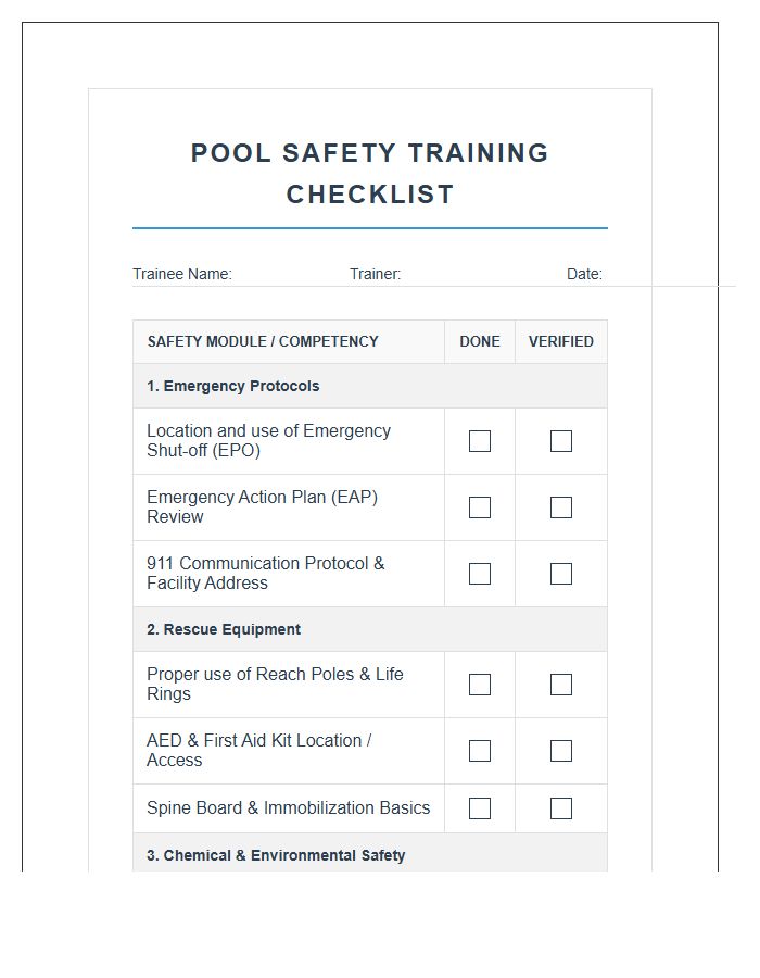 Pool Safety Training Printable Chart