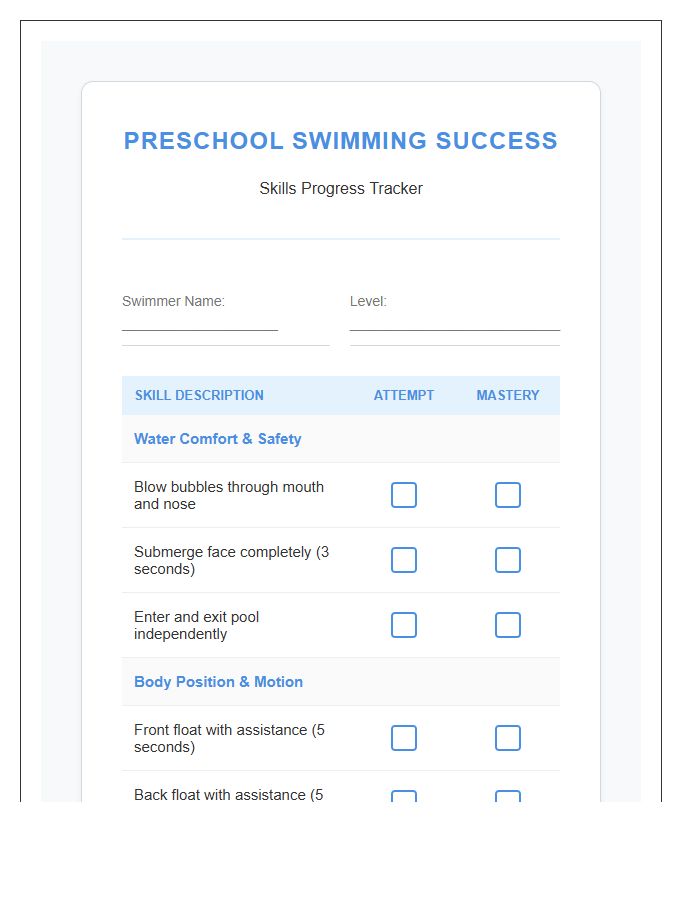 Preschool Swimming Success Printable Chart