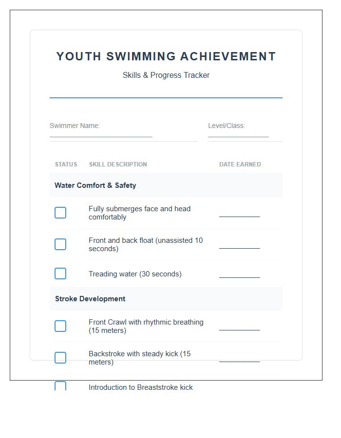 Youth Swimming Achievement Printable Chart