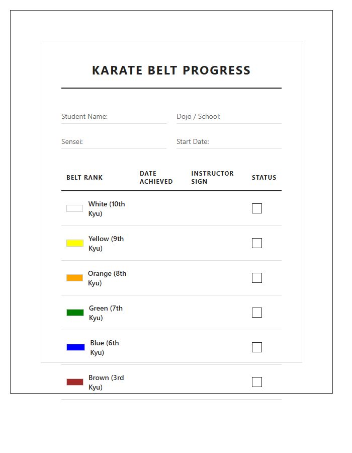 Karate Belt Progress Printable Chart