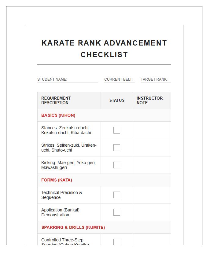 Karate Belt Requirement Checklist Printable Chart