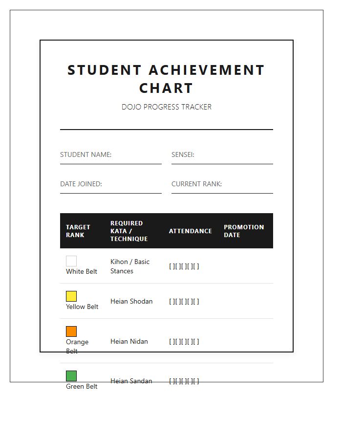 Karate Student Achievement Printable Chart