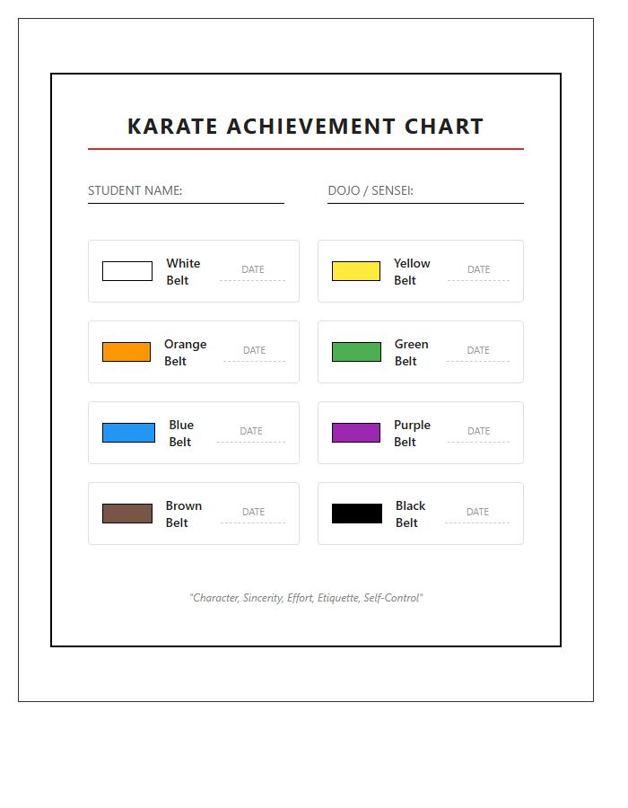 Karate Student Belt Reward Printable Chart