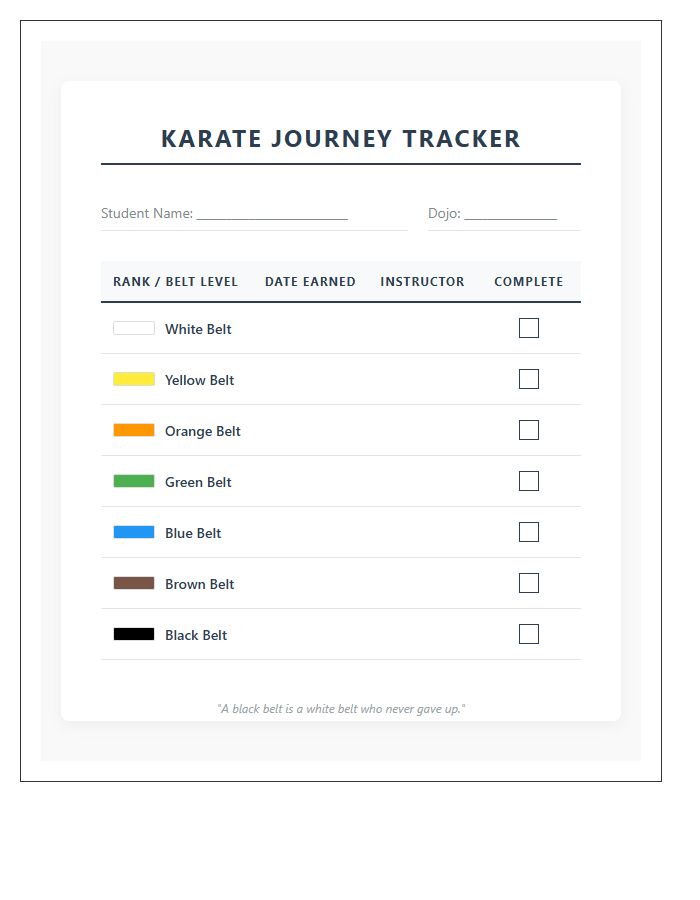 Kids Karate Belt Tracking Printable Chart