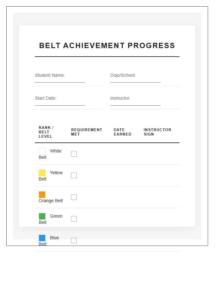 Martial Arts Belt Achievement Printable Chart