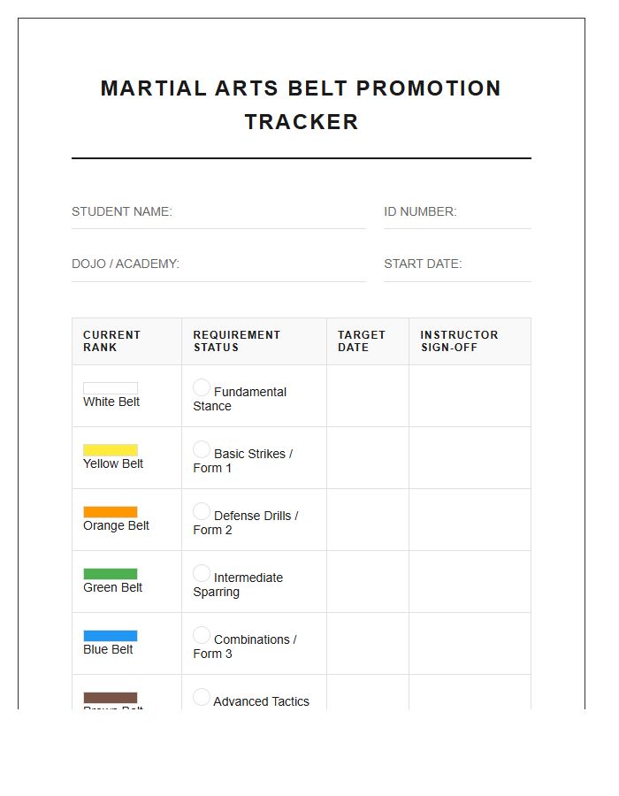 Martial Arts Belt Promotion Printable Chart