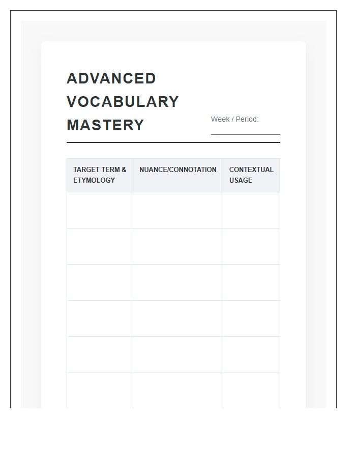 Advanced Vocabulary Mastery Goals Printable Chart