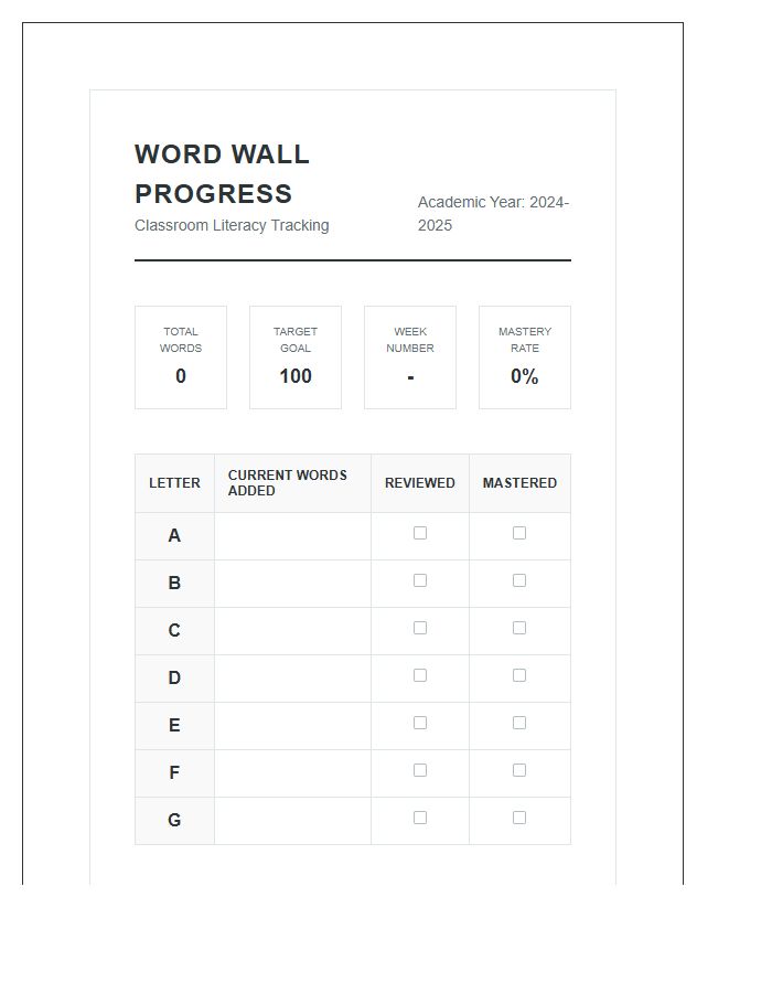 Classroom Word Wall Progress Printable Chart
