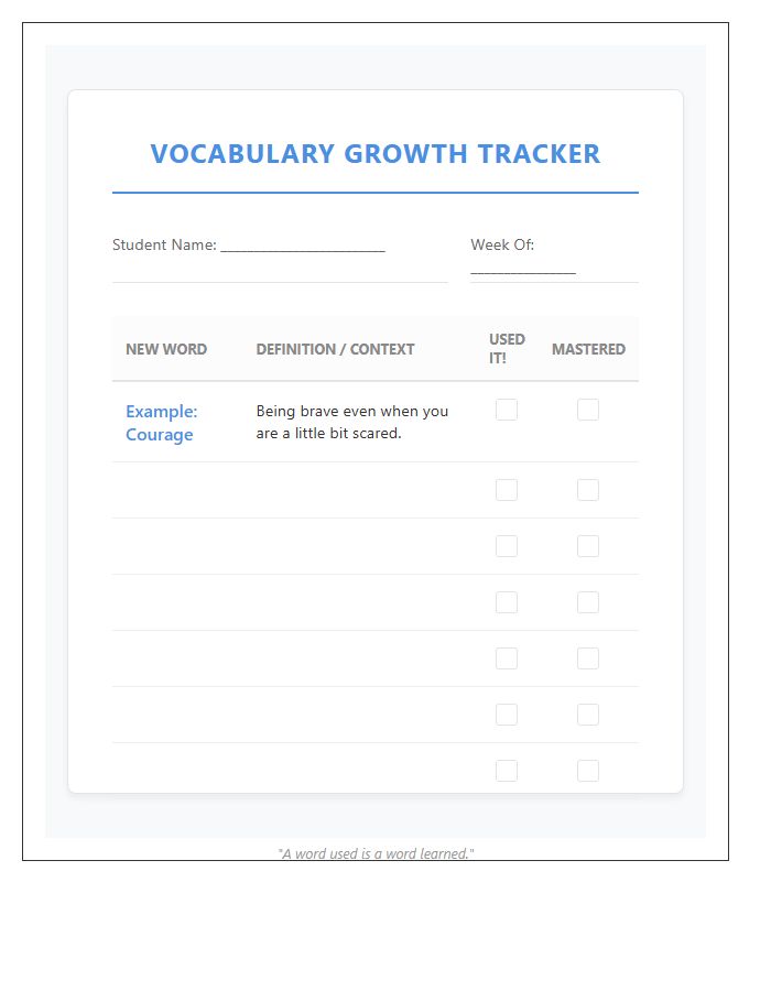 Elementary Student Vocabulary Growth Printable Chart