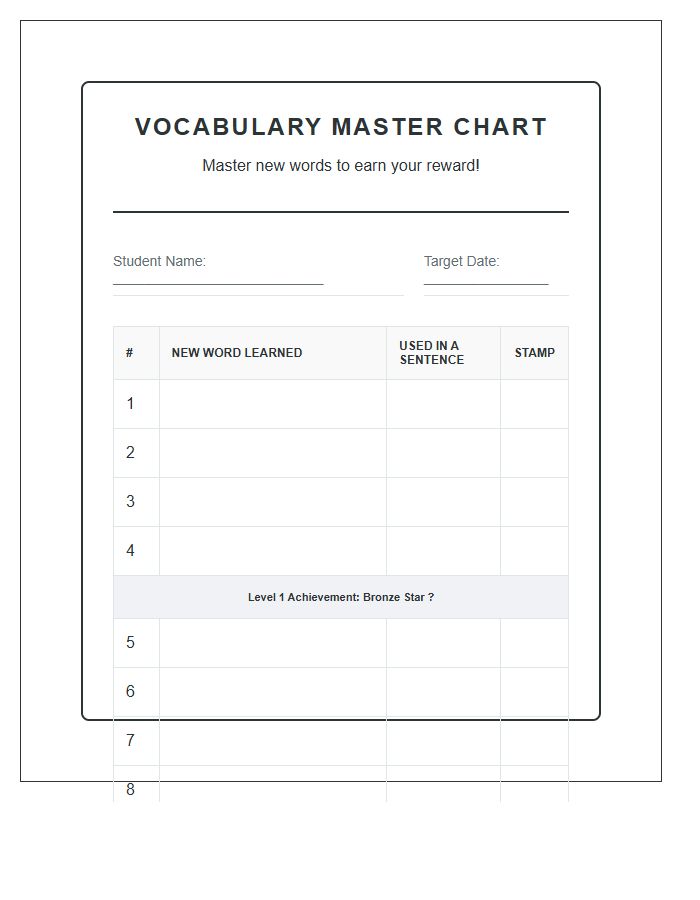 ESL Student Vocabulary Incentive Printable Chart