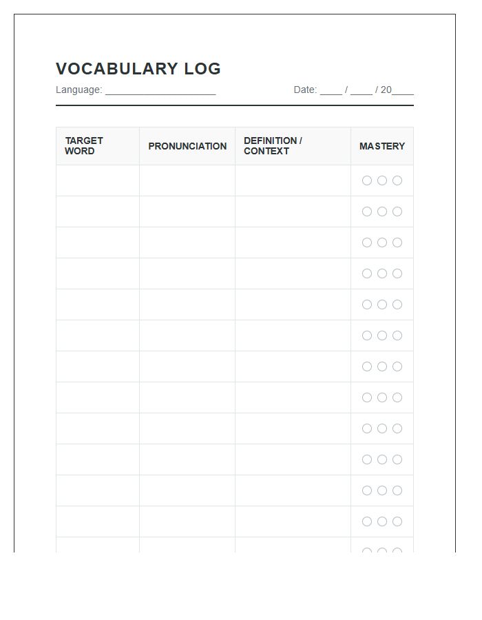 Foreign Language Vocabulary Acquisition Printable Chart