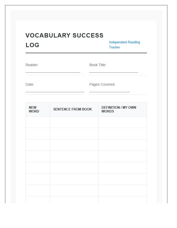Independent Reading Vocabulary Success Printable Chart