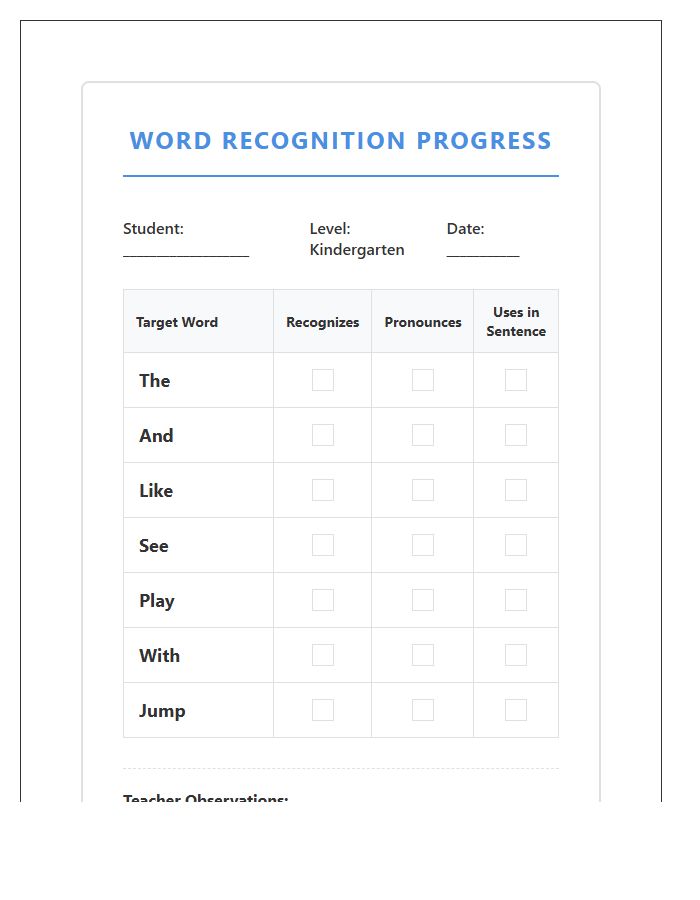 Kindergarten New Word Recognition Printable Chart