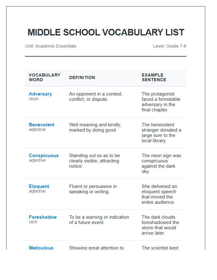 Middle School English Vocabulary Printable Chart