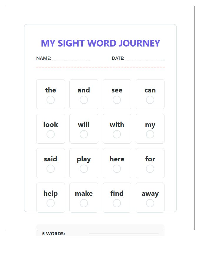 Preschool Sight Word Rewards Printable Chart
