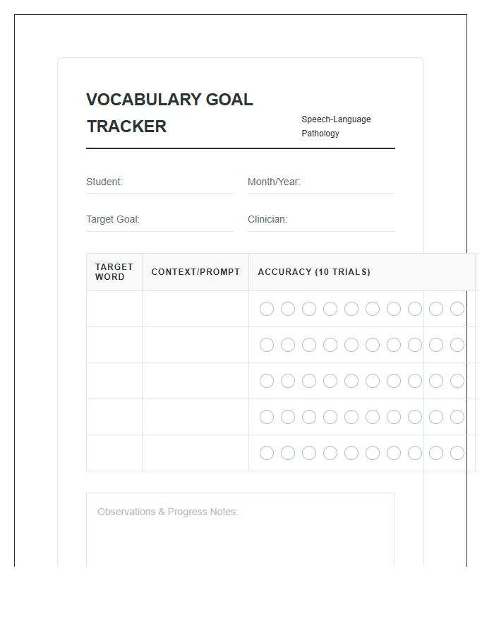 Speech Therapy Vocabulary Goal Printable Chart
