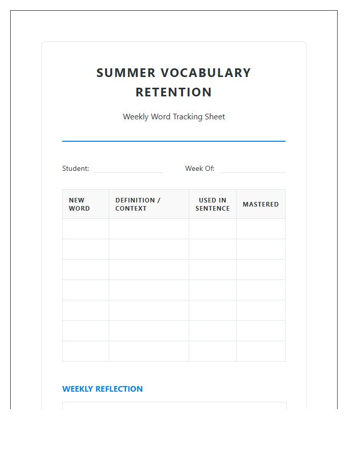 Summer Learning Vocabulary Retention Printable Chart