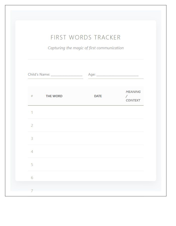 Toddler First Words Tracking Printable Chart
