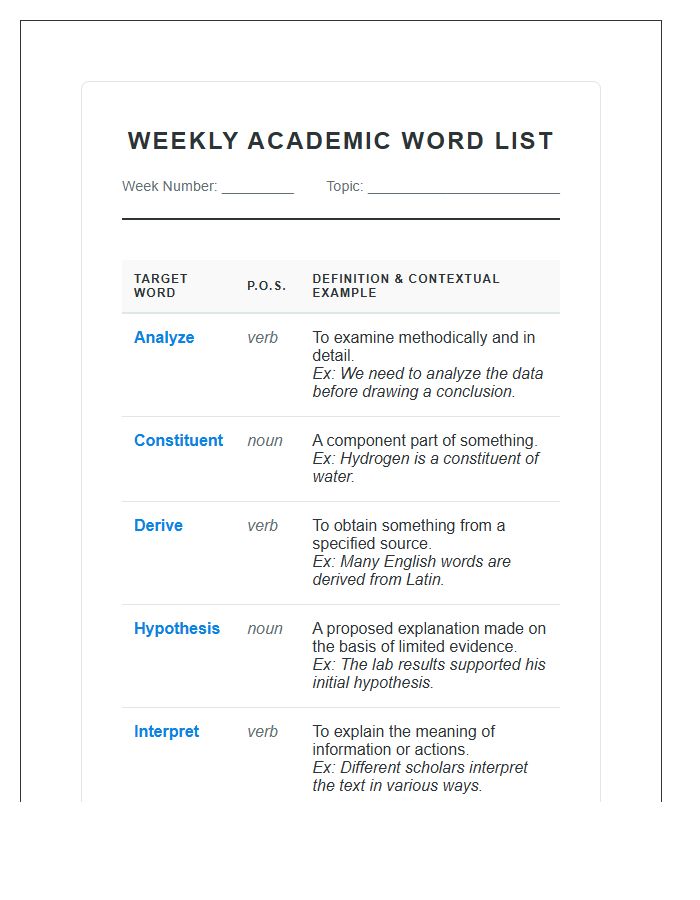 Weekly Academic Word List Printable Chart