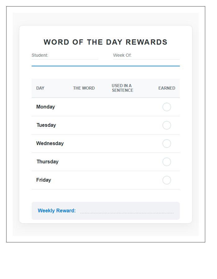 Word Of The Day Printable Rewards Chart