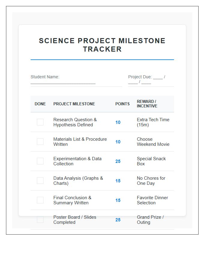 Middle School Science Project Rewards Printable Chart