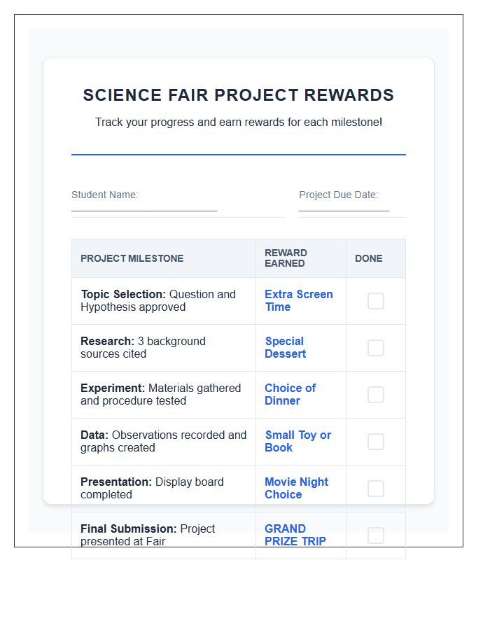 Science Fair Project Rewards Printable Chart