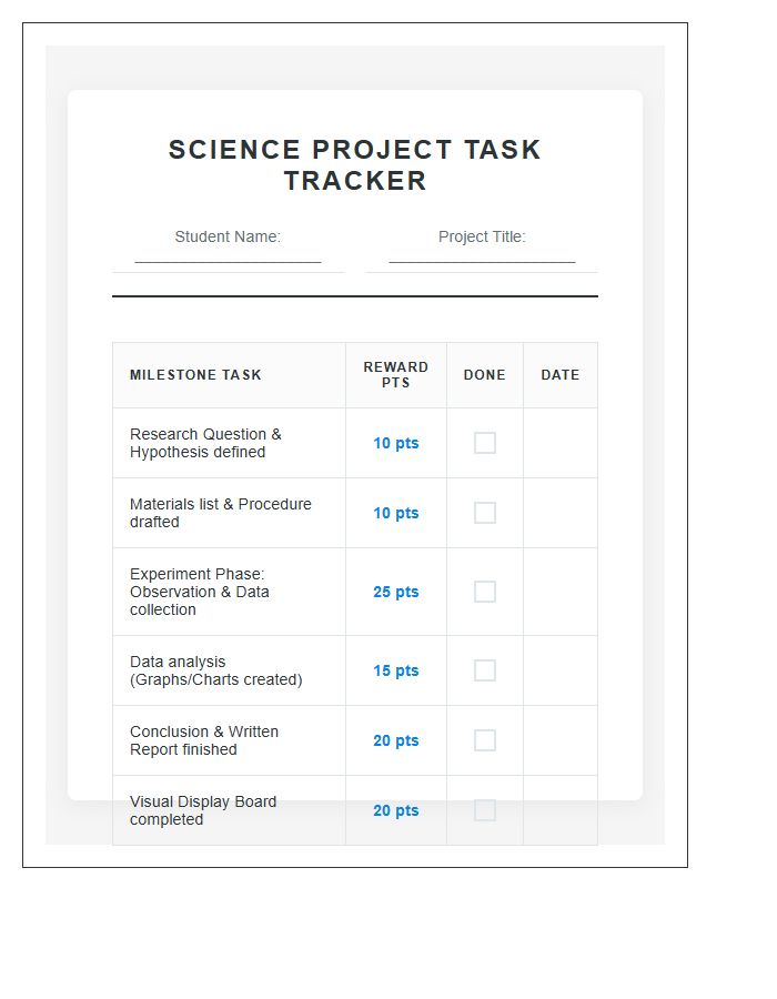 Science Project Task Rewards Printable Chart