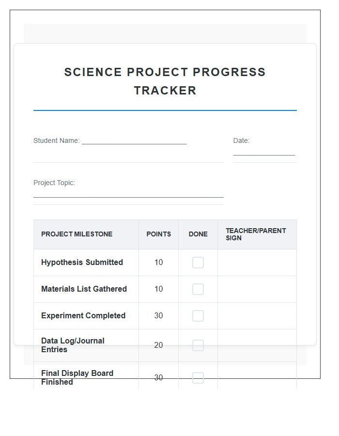 Student Science Project Rewards Printable Chart