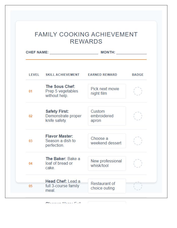 Family Cooking Achievement Rewards Printable Chart