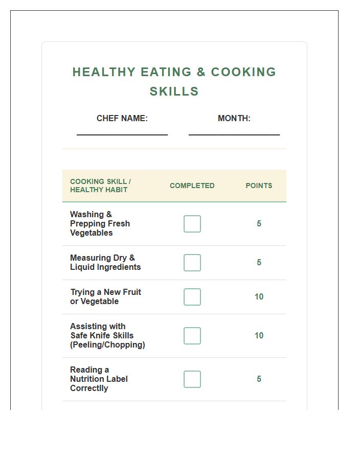 Healthy Eating Cooking Skills Rewards Printable Chart
