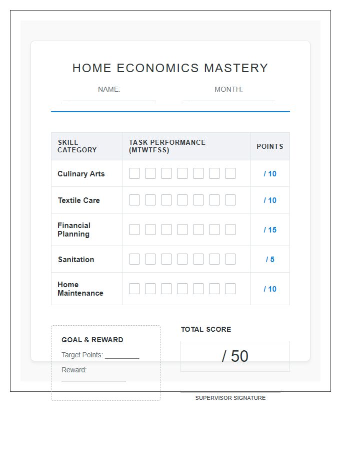 Home Economics Skills Rewards Printable Chart