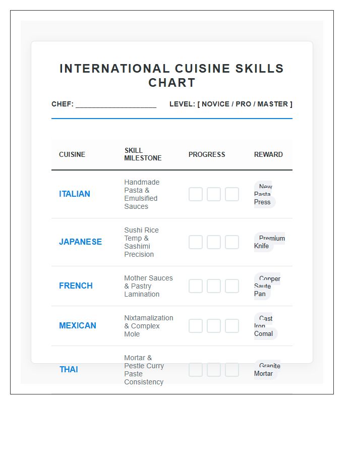 International Cuisine Skills Rewards Printable Chart