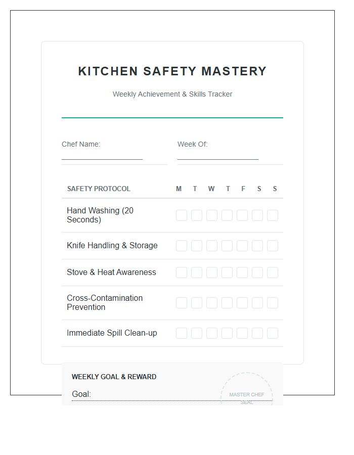 Kitchen Safety Mastery Rewards Printable Chart