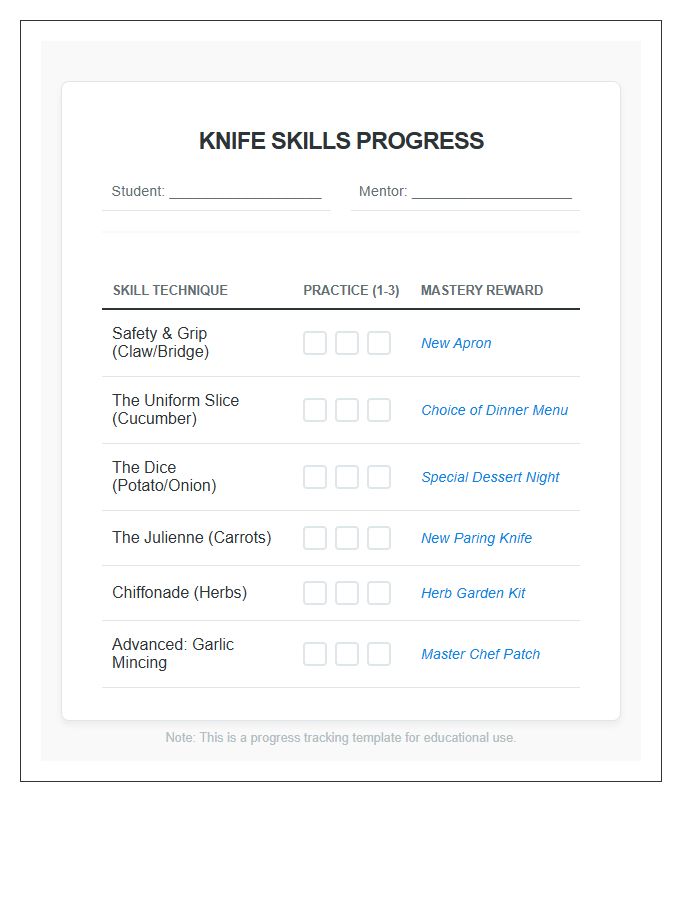 Knife Skills Progress Rewards Printable Chart