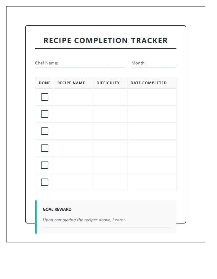 Simple Recipe Completion Rewards Printable Chart