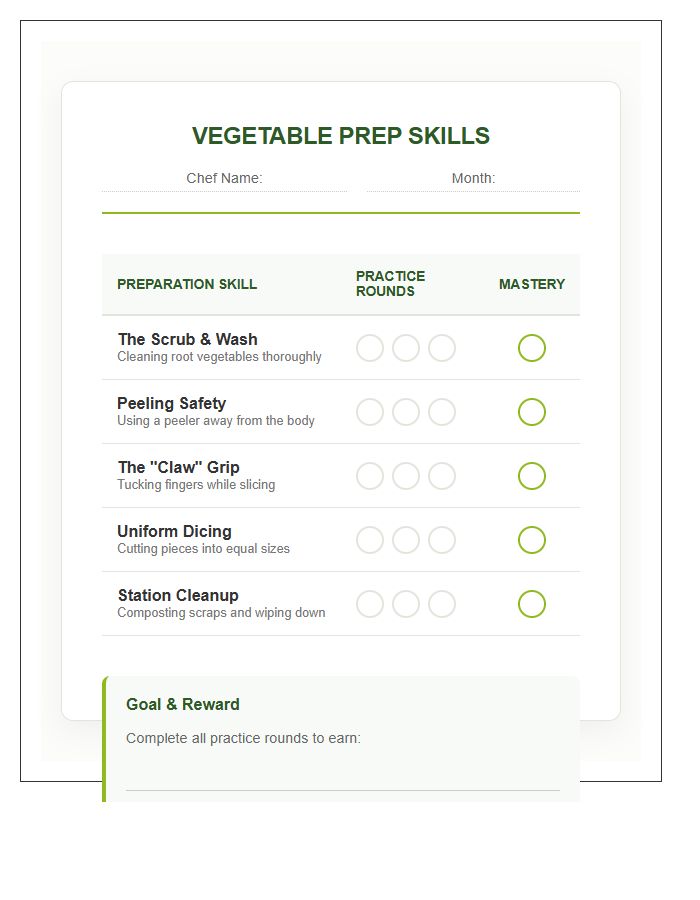 Vegetable Prep Skills Rewards Printable Chart