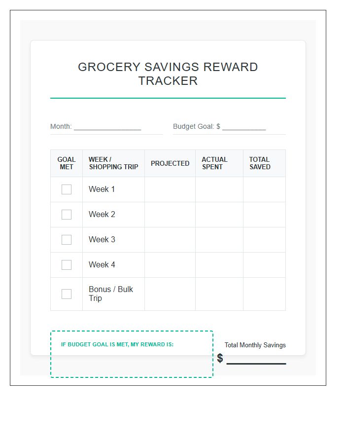 Budget Grocery Shopping Rewards Printable Chart